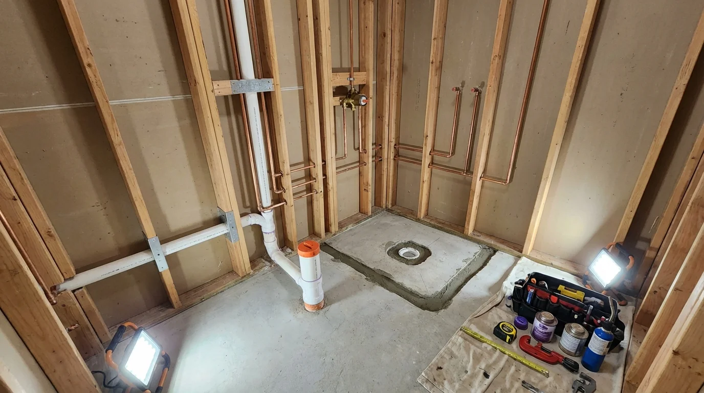 Bathroom rough-in plumbing during remodel by Johns Plumbing LLC in Alto