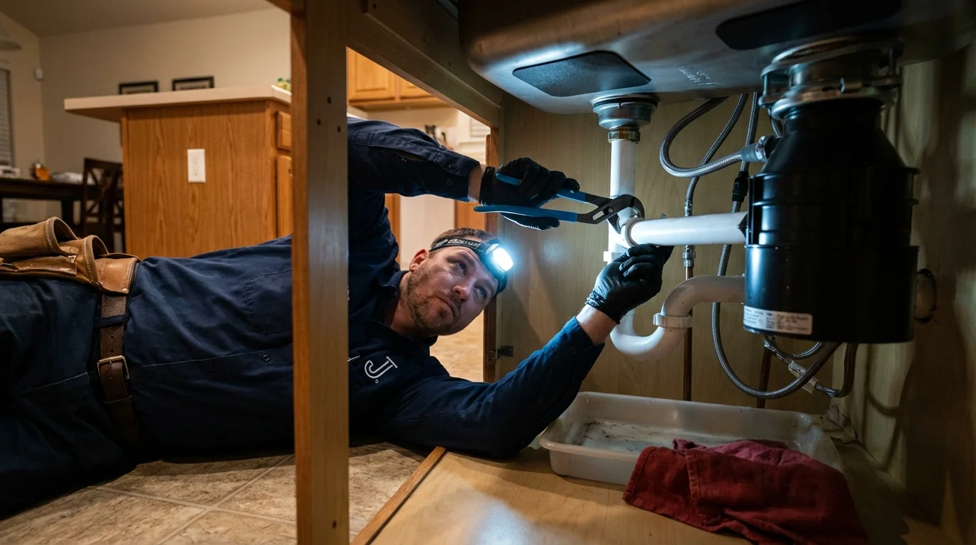 P-trap and supply line connections under a kitchen sink showing a common leak point in Alto, GA